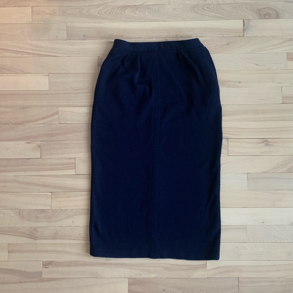 ALFRED SUNG - Navy Wool Pencil Skirt Midi Minimalist Tailored Designer - Picture 2 of 10